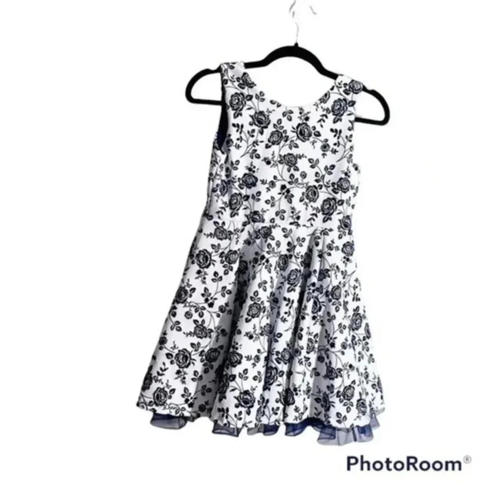 Knitworks Girls Size 12 White Blue Velvet Rose Holiday Dress Sleeveless